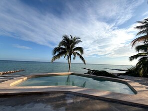 Ein Swimmingpool mit Blick auf den Ozean und einer Palme.
