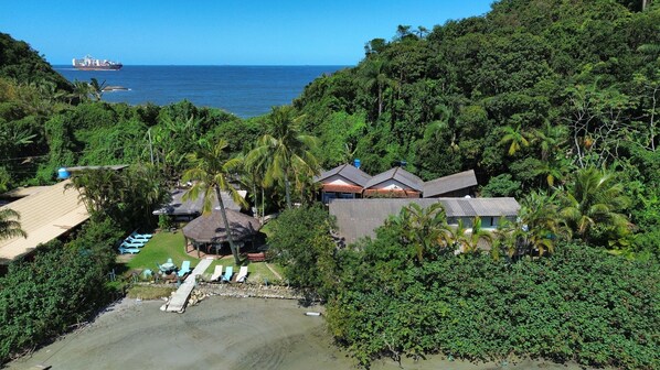 A coastal property with a beach, a thatched-roof structure, and a large ship in the distance.
