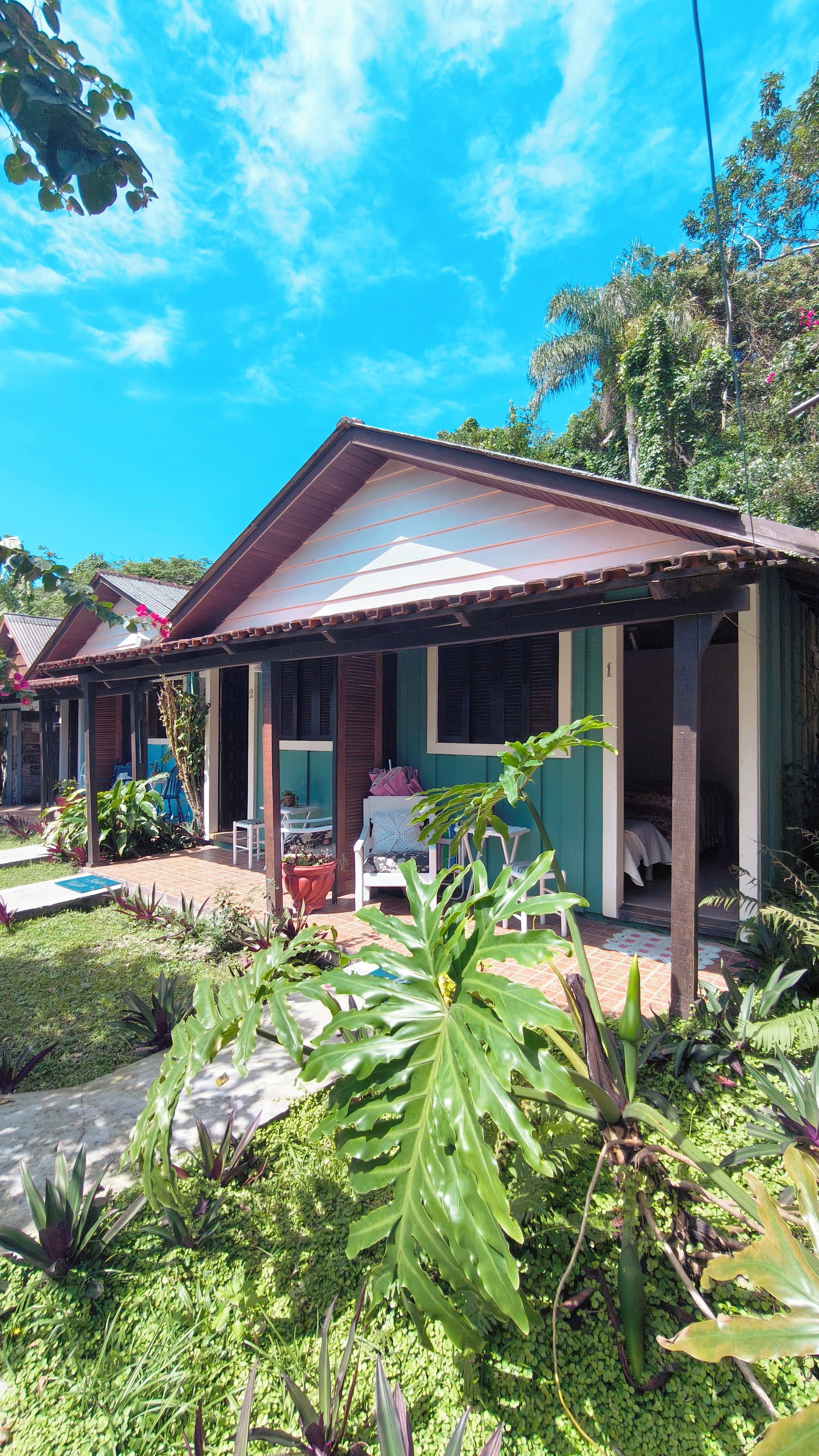 A house with a porch, a garden with various plants, and a clear blue sky.