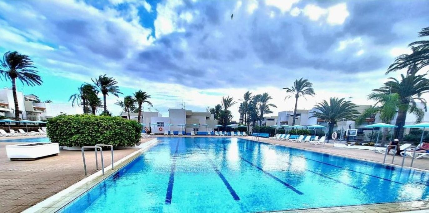 A swimming pool with clear blue water, surrounded by lounge chairs and palm trees.