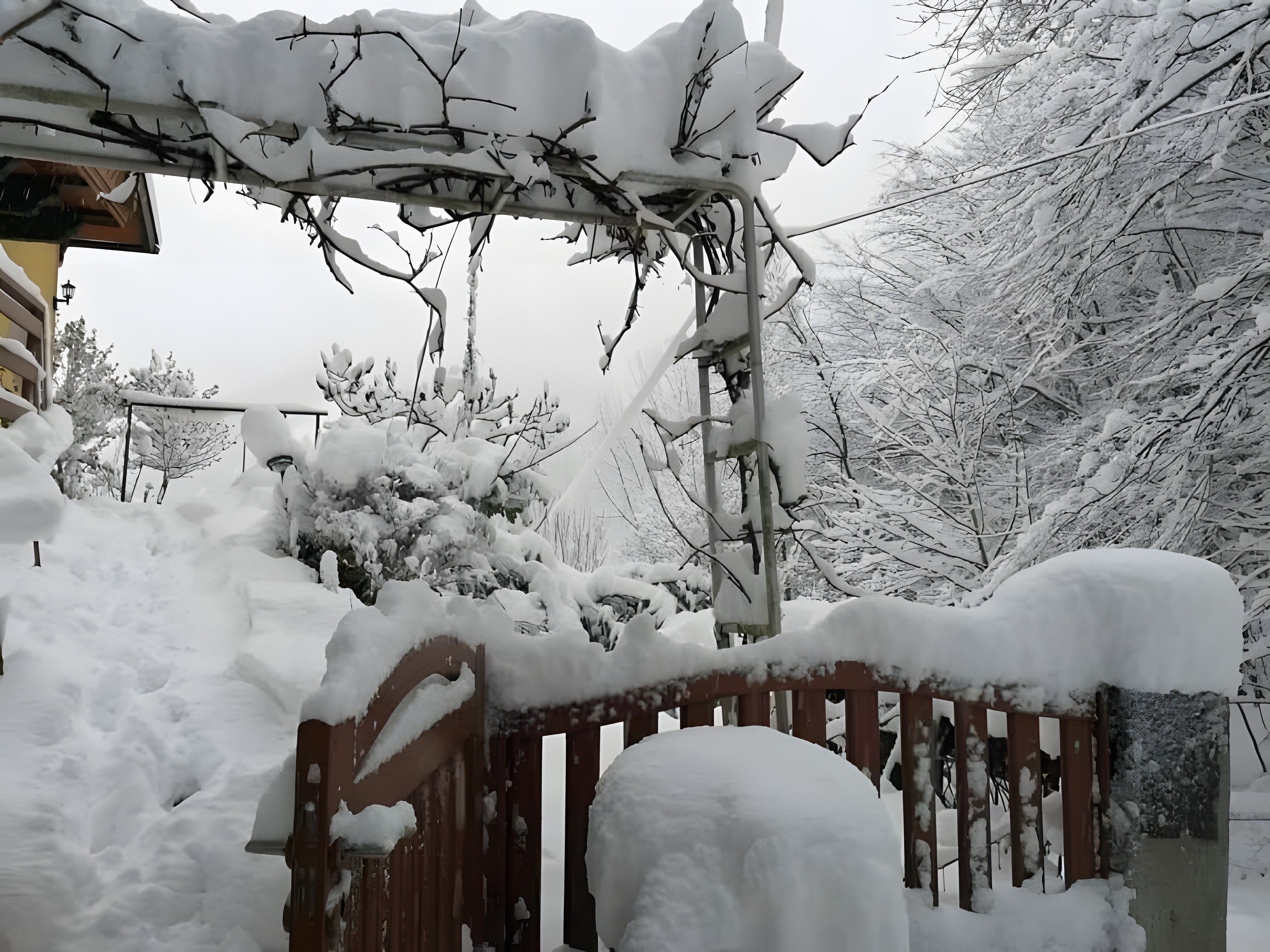 Un portail recouvert de neige, doté d’un cadre en bois, qui mène à un sentier également enneigé.