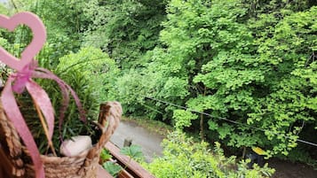 A balcony with a view of a lush green forest.