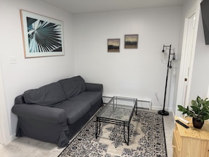 A living room with a grey sofa, a glass-top coffee table, a patterned rug, and a wooden side table with a plant. - Newly remodeled 2-bedroom apartment in wonderful Johnstown / Richland Township (Johnstown)