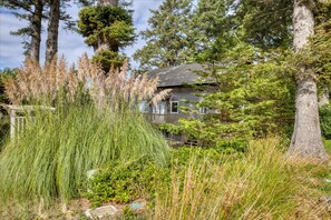 A rustic cabin surrounded by tall trees and dense shrubbery. - Updated Cannon Beach retreat featuring floor-to-ceiling windows, outdoor deck, pet-friendly, minutes from the beach, Haystack Rock, and Ecola State Park (Cannon Beach)