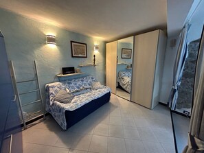 Una camera da letto con un letto, una scrivania con un portatile, un armadio e uno specchio.