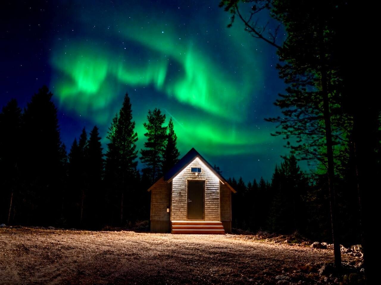 A cabin with a simple design, a front door, and a small porch.
