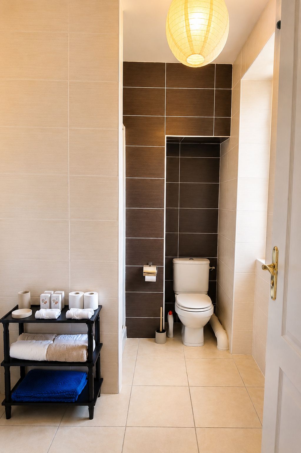 Een badkamer met een toilet, een wastafel en een handdoekhouder.