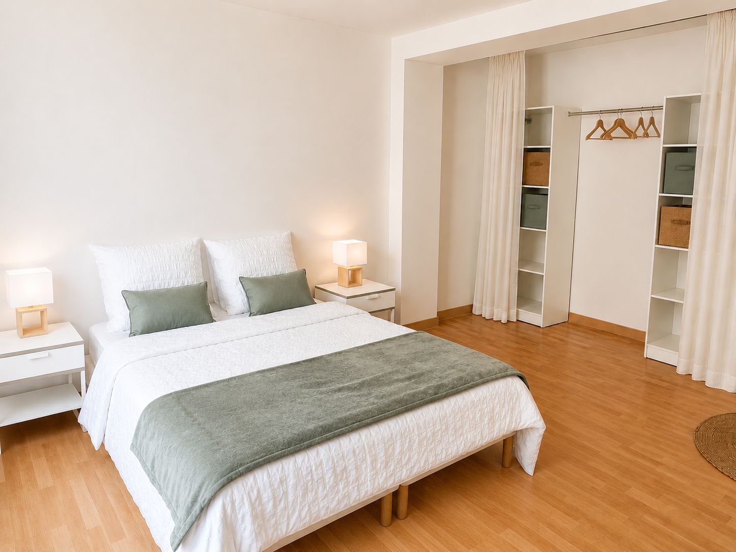 Una camera da letto con un letto, comodini, un tavolino e un armadio.