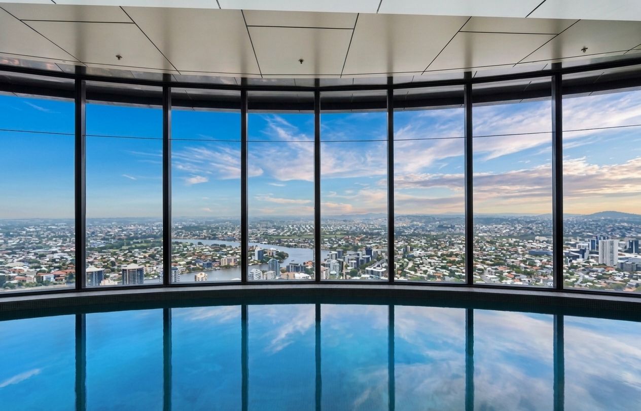 A panoramic view from a high-rise building with a glass floor, overlooking a cityscape with buildings and a river.