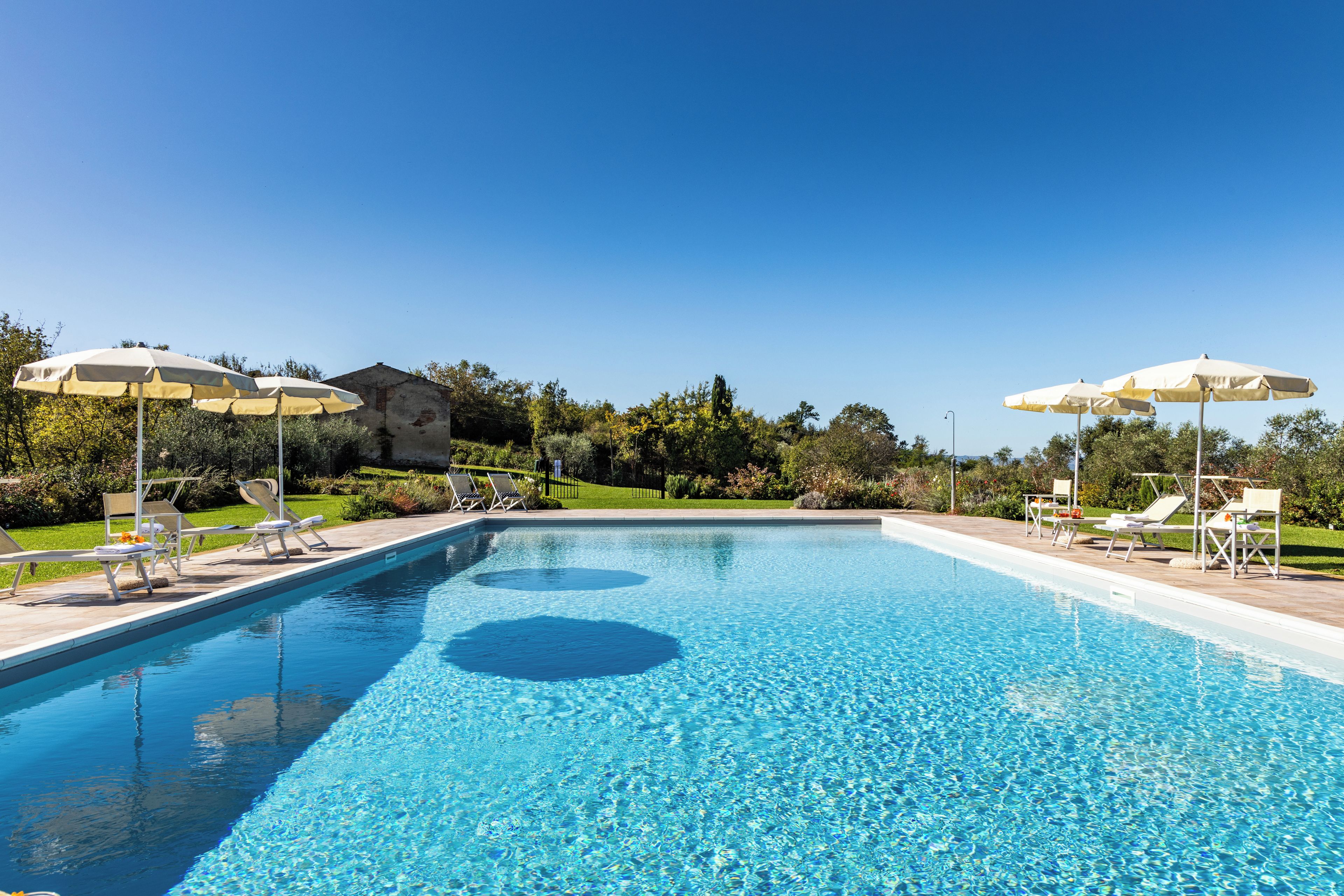 Ein rechteckiger Pool mit klarem, blauem Wasser, umgeben von Liegestühlen und Sonnenschirmen, vor einer grünen Kulisse und einem Gebäude.