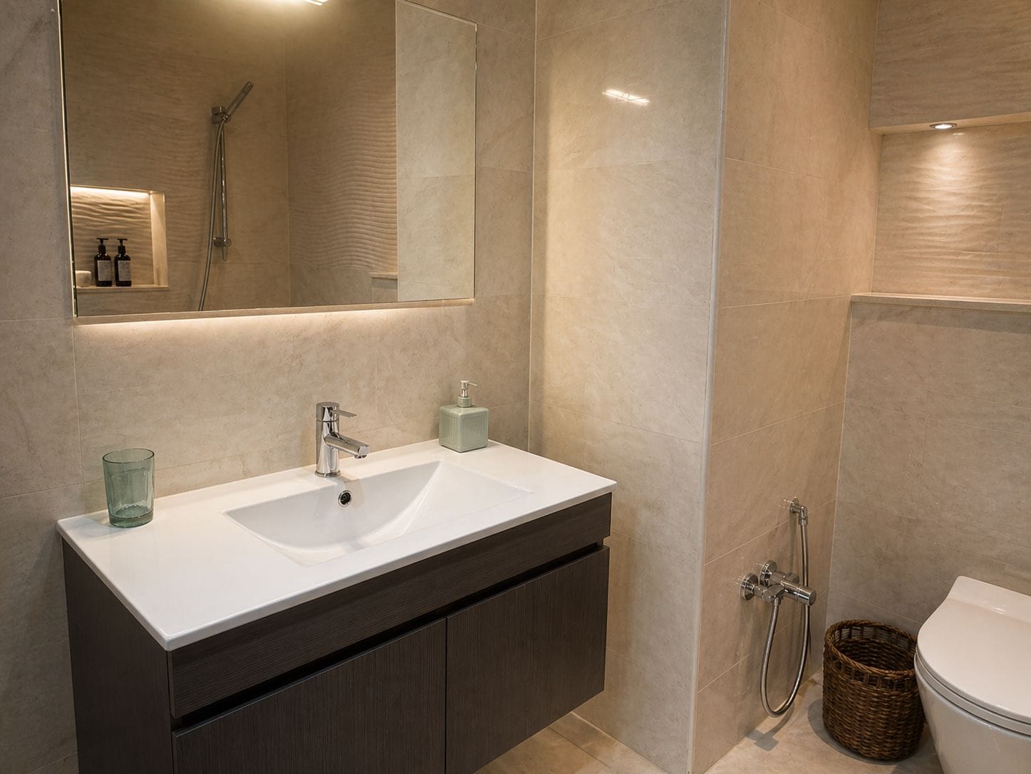 A modern bathroom with a white sink, dark cabinets, a mirror, and a shower.