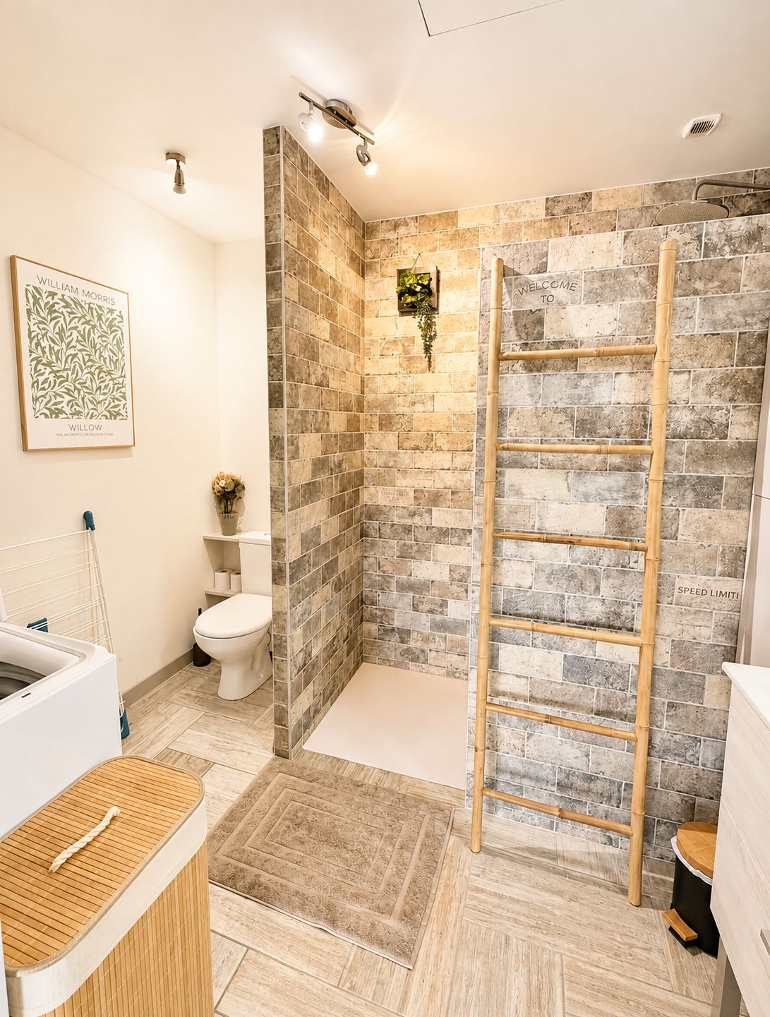 Une salle de bain avec une douche, des toilettes et une échelle en bois.