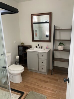 Une salle de bain comprenant des toilettes, un lavabo avec un miroir au-dessus, et une étagère sur laquelle est posée une plante en pot.