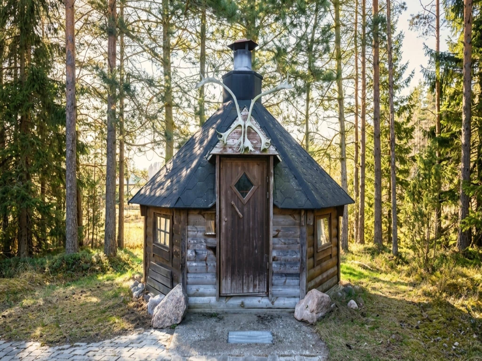 A log cabin with a chimney, a wooden door, and a window.
