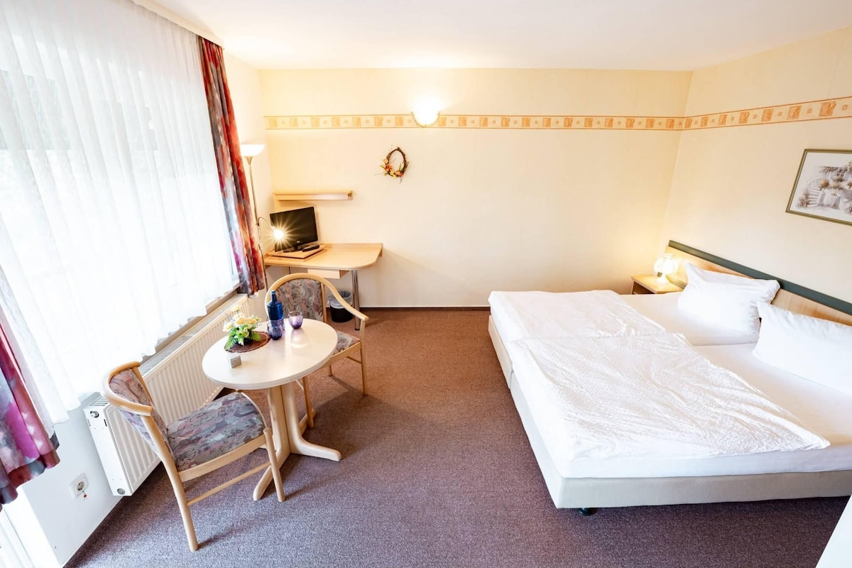 Habitación de hotel con cama, escritorio, silla, mesa y radiador.