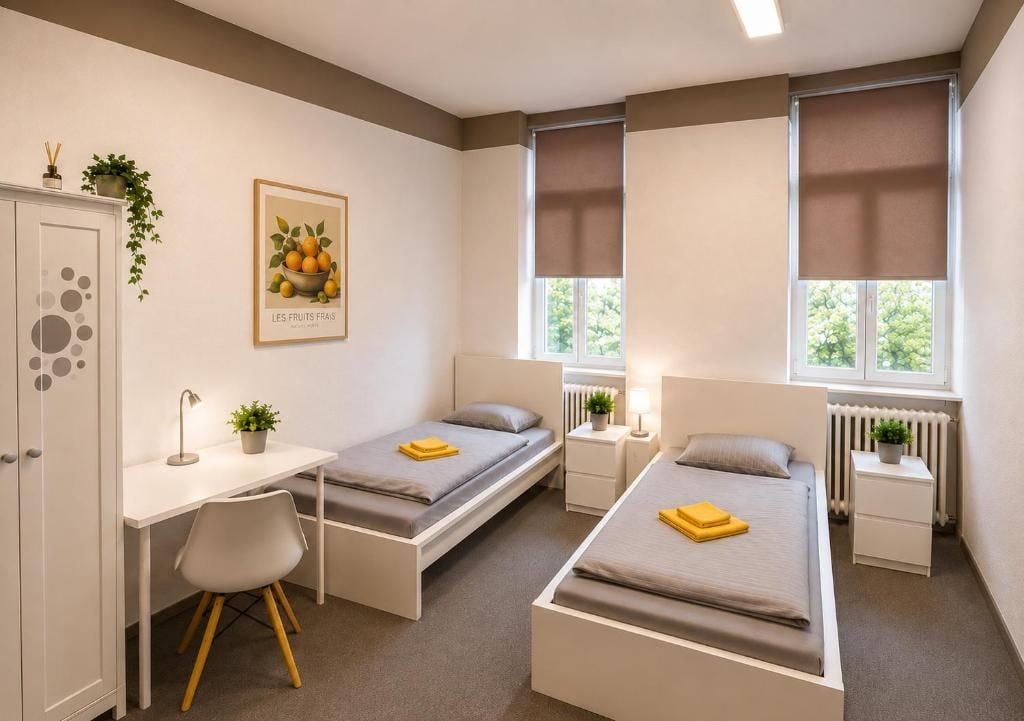 Ein Schlafzimmer mit zwei Betten, einem Schreibtisch und einem Stuhl.