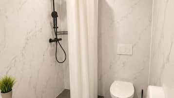 A modern bathroom with a shower, toilet, and a white sink.
