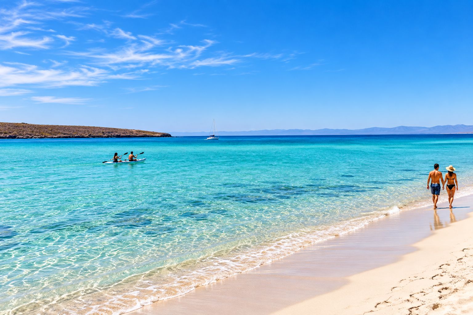Una playa con agua turquesa cristalina, una orilla arenosa y un velero a lo lejos.