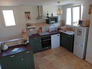 A kitchen with green cabinets, a white dishwasher, a microwave on top of a refrigerator, and a hanging light fixture. - The Burgundian Interlude (Rigny-sur-Arroux)