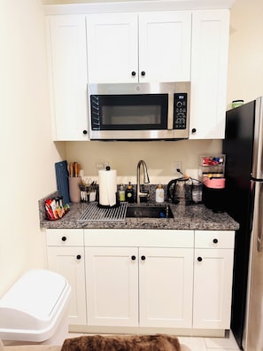 A compact kitchen with white cabinets, a stainless steel microwave, a black refrigerator, and a granite countertop. - Private Entry Guesthome Ontario Eastvale (Ontario)