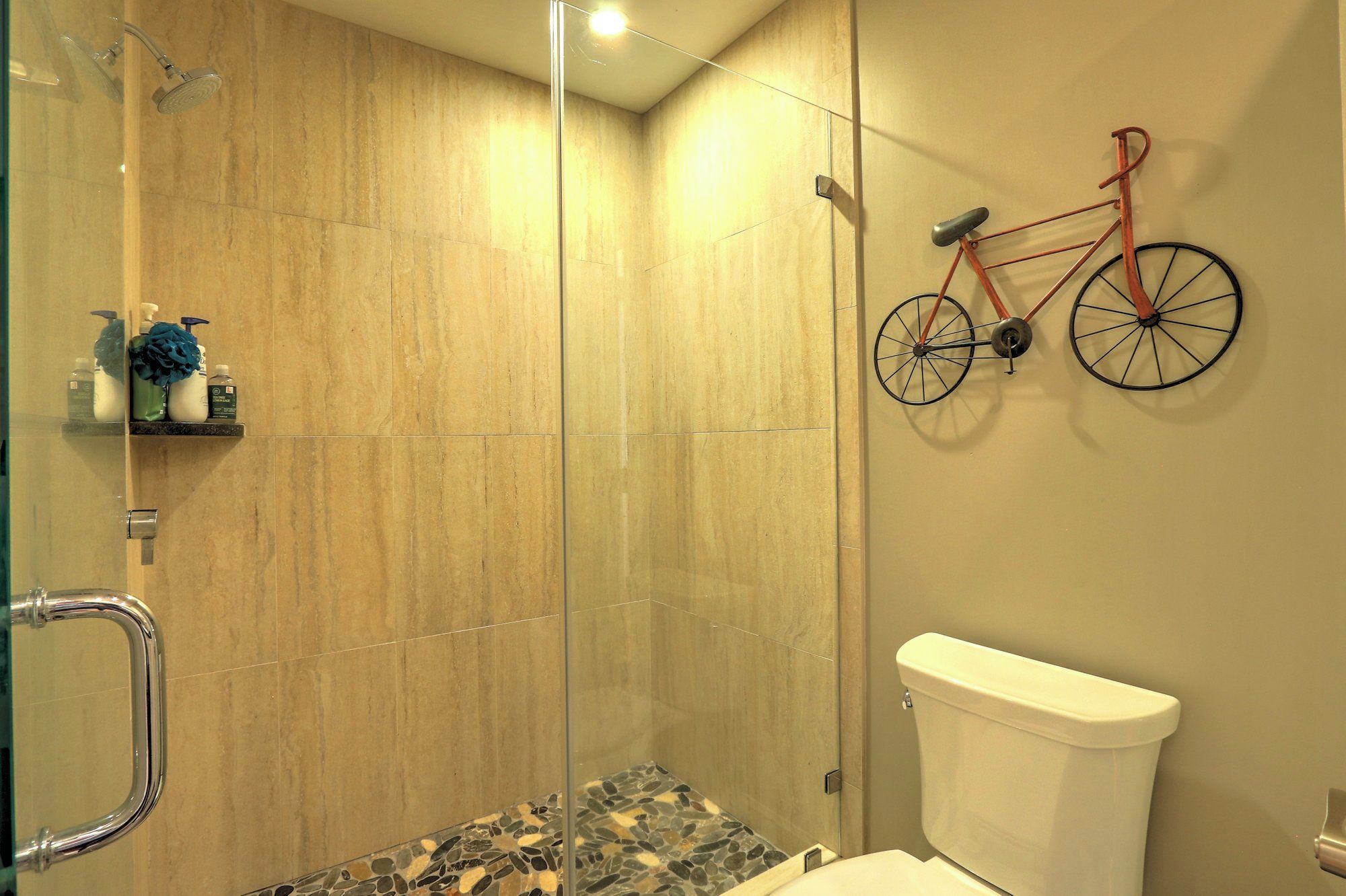 Une salle de bain avec une douche, des toilettes et un vélo fixé au mur.