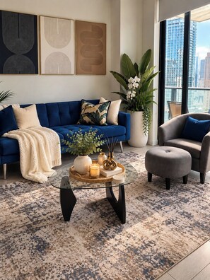 A modern living room with a blue sofa, a glass coffee table, and a view of a cityscape through large windows. - Luxury Skyline Studio in Downtown Miami (Miami)