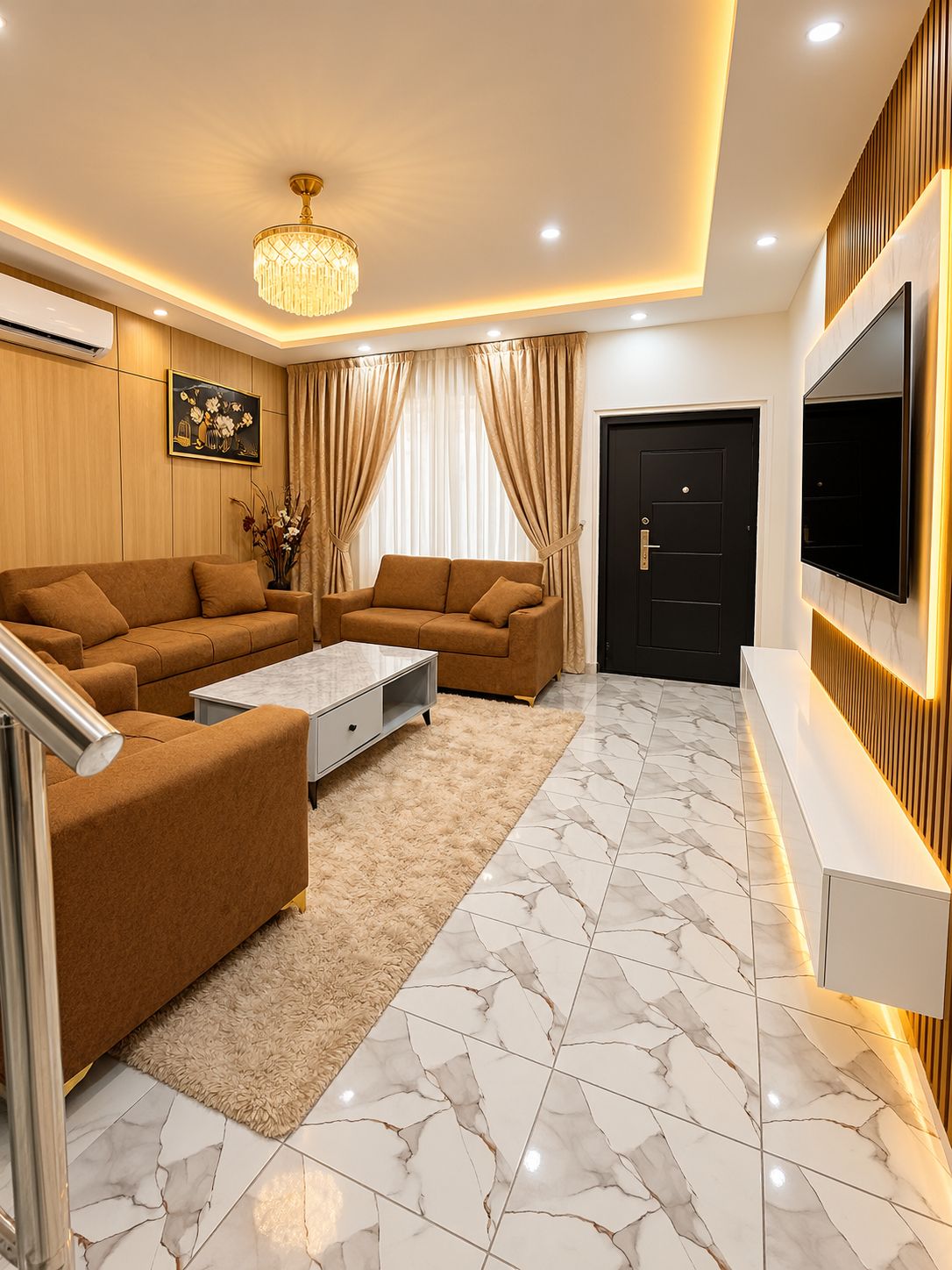 A modern living room with a sofa set, a coffee table, a TV mounted on the wall, and a chandelier.