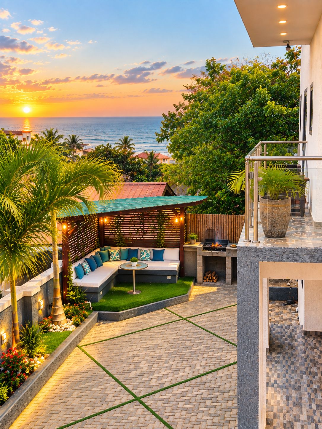 A patio area with a seating arrangement, a grill, and a view of the ocean at sunset.