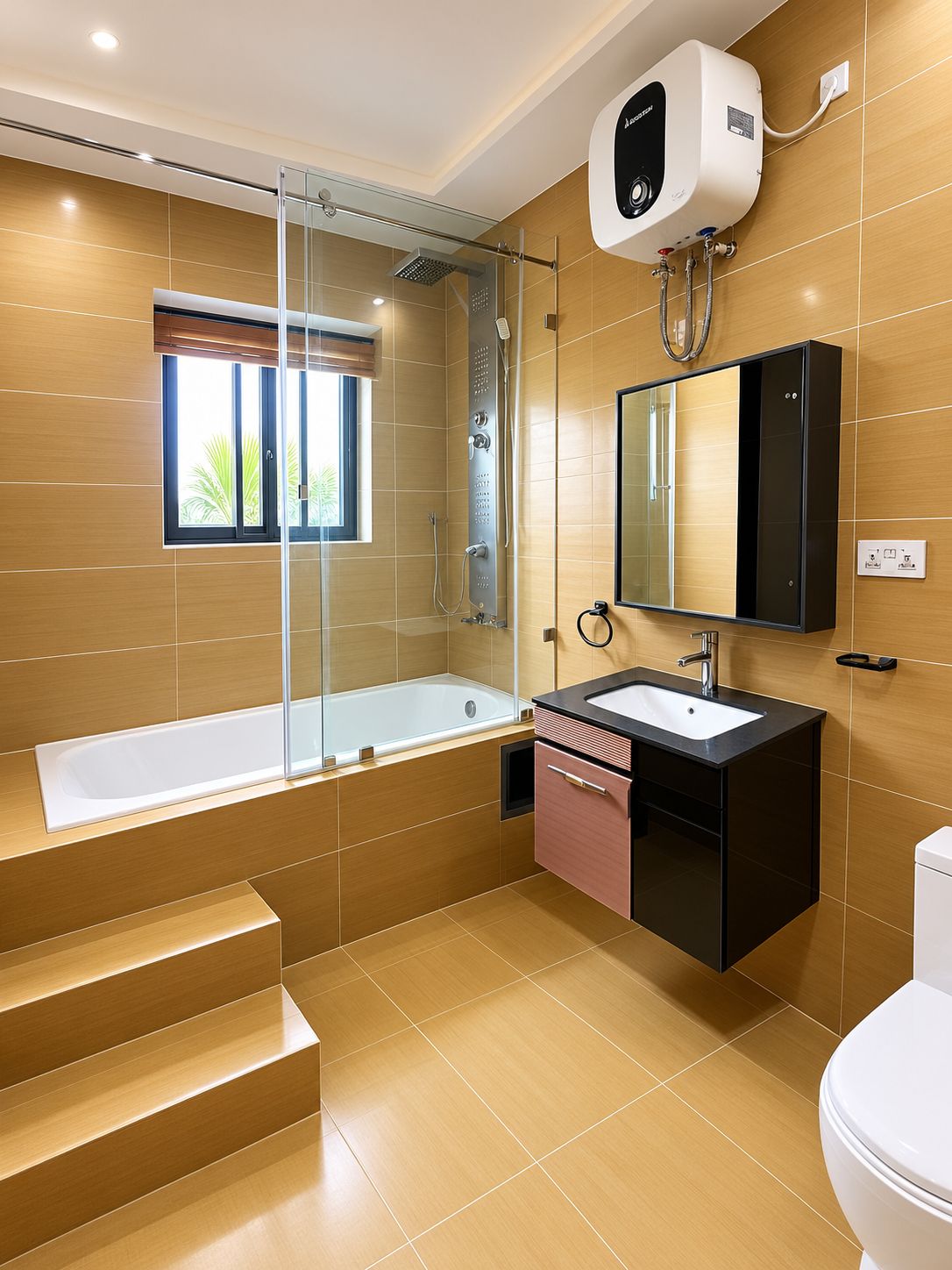 A modern bathroom with a glass-enclosed shower, a freestanding bathtub, a vanity with a mirror, and a toilet.