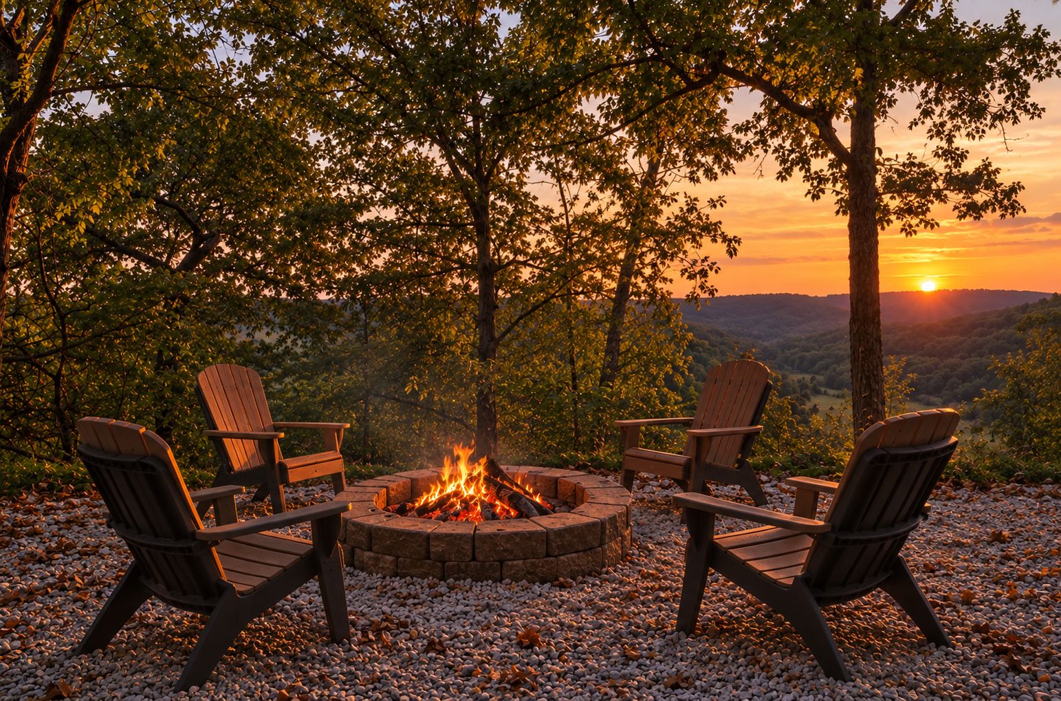 Un hogar con cuatro sillas Adirondack dispuestas alrededor, sobre una base de piedras con árboles de fondo y vista al atardecer.