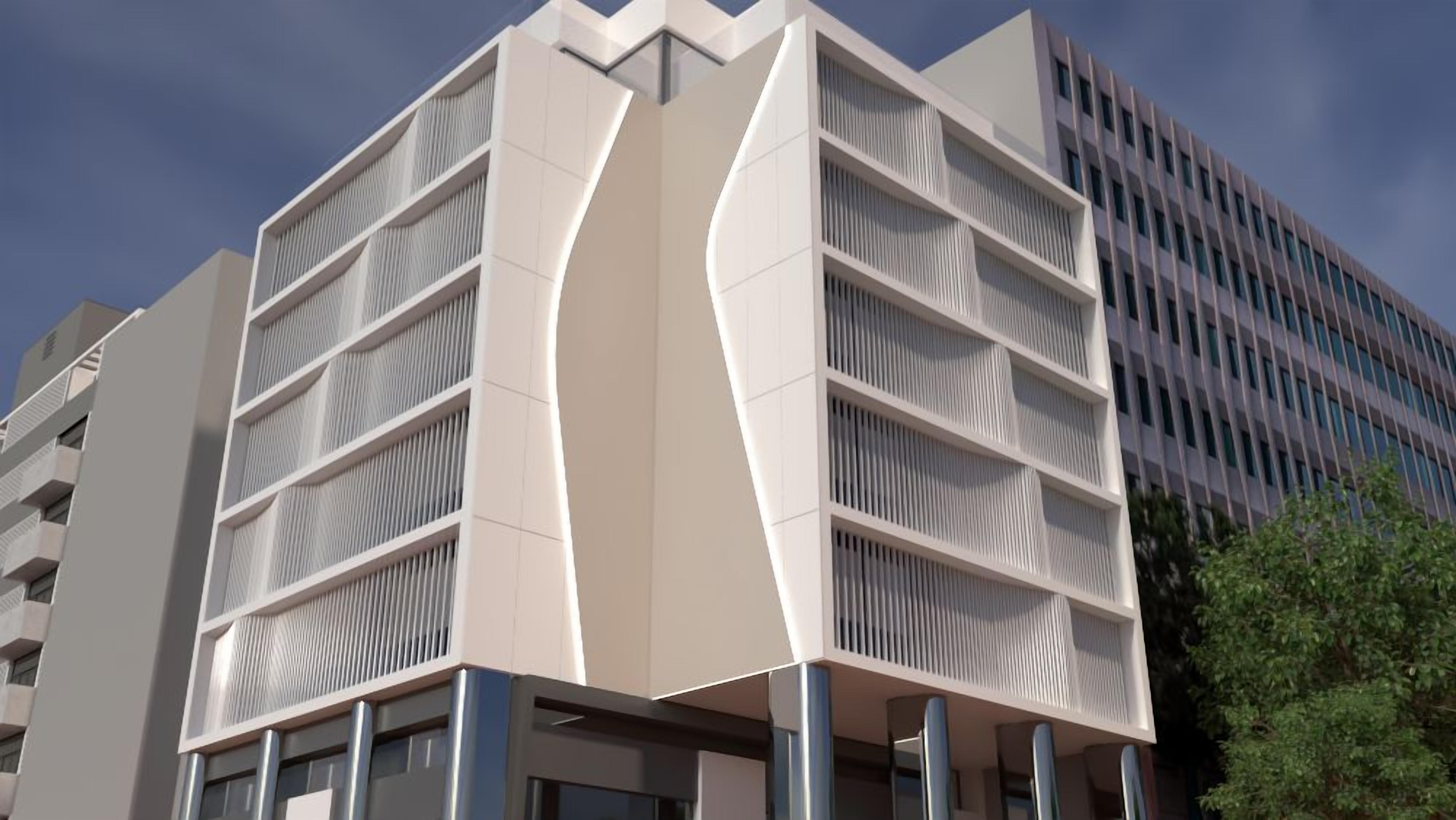 Ein modernes Gebäude mit einzigartigem architektonischen Design, das eine zentrale weiße Struktur mit vertikalen Lamellen und eine Reihe von Balkonen zeigt.