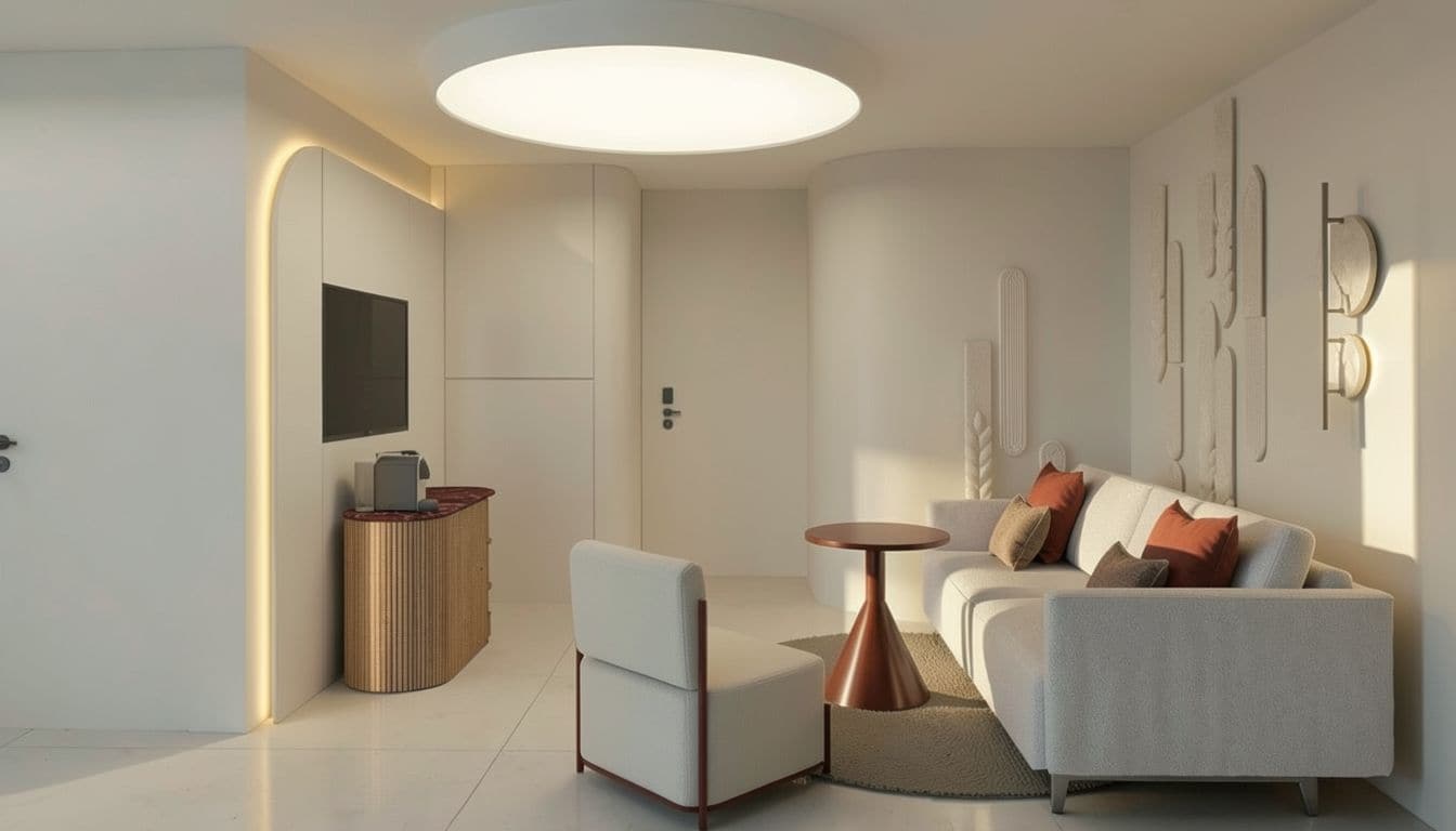 Ein modernes Wohnzimmer mit einer Couch, einem Couchtisch, einem Fernseher und einem außergewöhnlichen Wandbild.