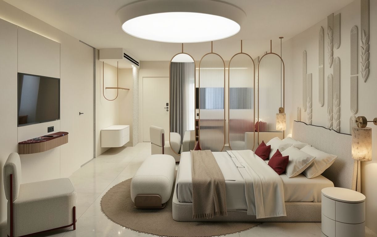 Ein modernes Hotelzimmer mit einem großen Bett, einem Fernseher, einer Sitzecke und einer Wandverzierung.