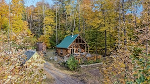 Eine Hütte, umgeben von einem Wald, mit einem Feldweg, der davorhin führt.