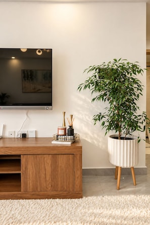 A modern living room with a wooden entertainment center, a flat-screen TV, a potted plant, and a white shag carpet. - Westlands 1 bedroom apartment with gym,pool and rooftop restaurant (Nairobi)