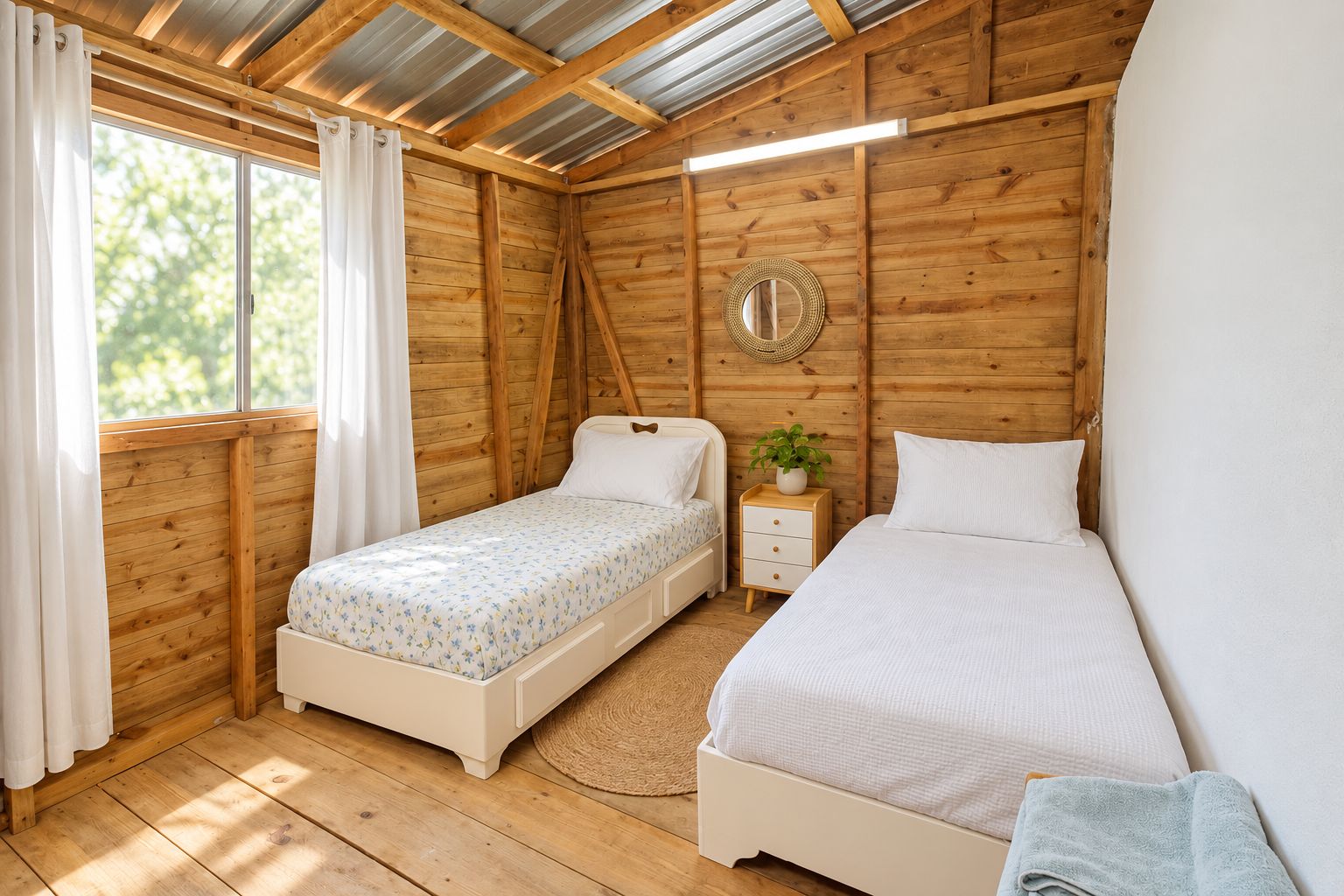 A bedroom with two beds, wooden walls, a ceiling with metal beams, a bedside table with a plant, and a window with curtains.