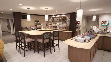 A breakfast bar with a sign indicating free daily breakfast, a variety of food items, and a seating area with chairs.