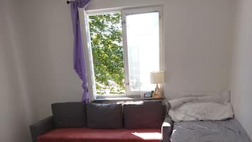 A room with a sofa, a bed, a glass coffee table, and a window with curtains.