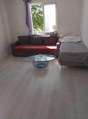 Habitació amb un sofà, un llit, una taula de cafeïna de vidre i una finestra amb cortines.