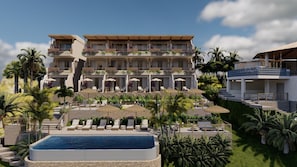 A multi-story hotel with a pool, outdoor seating, and lush landscaping. - Cardedeu Punta Elefante (Chiltiupan)