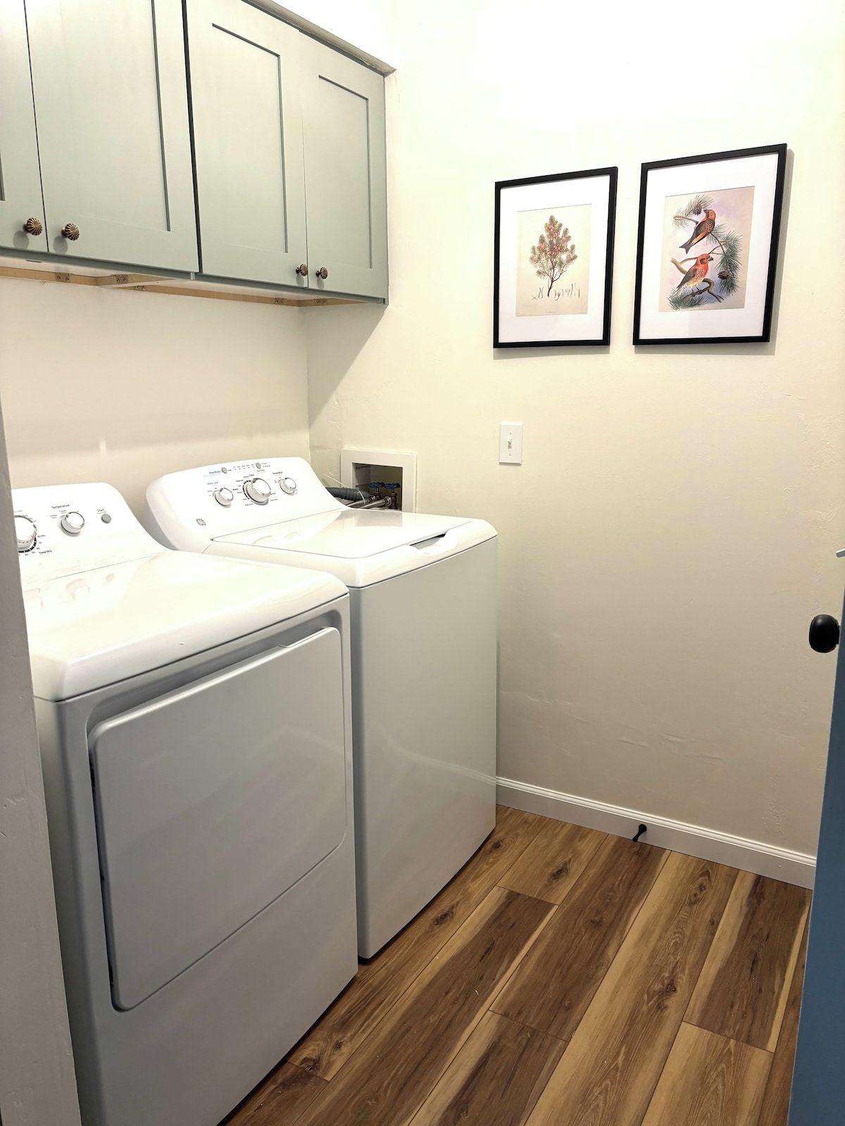 A laundry room with two white washing machines, a wooden floor, and two framed pictures on the wall.