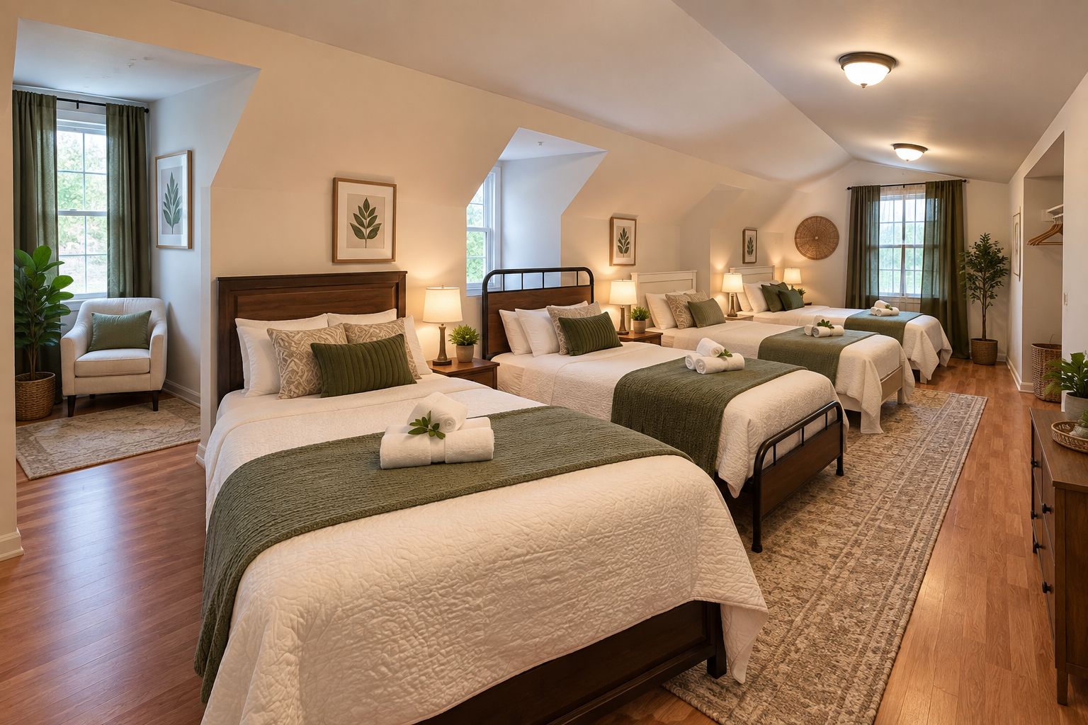 A hotel room with three beds, a chair, and a large window.