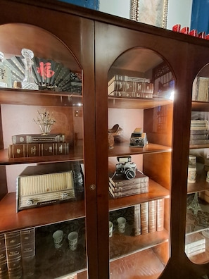 Un mueble de madera con puertas de cristal, que contiene libros, una cámara y objetos decorativos.