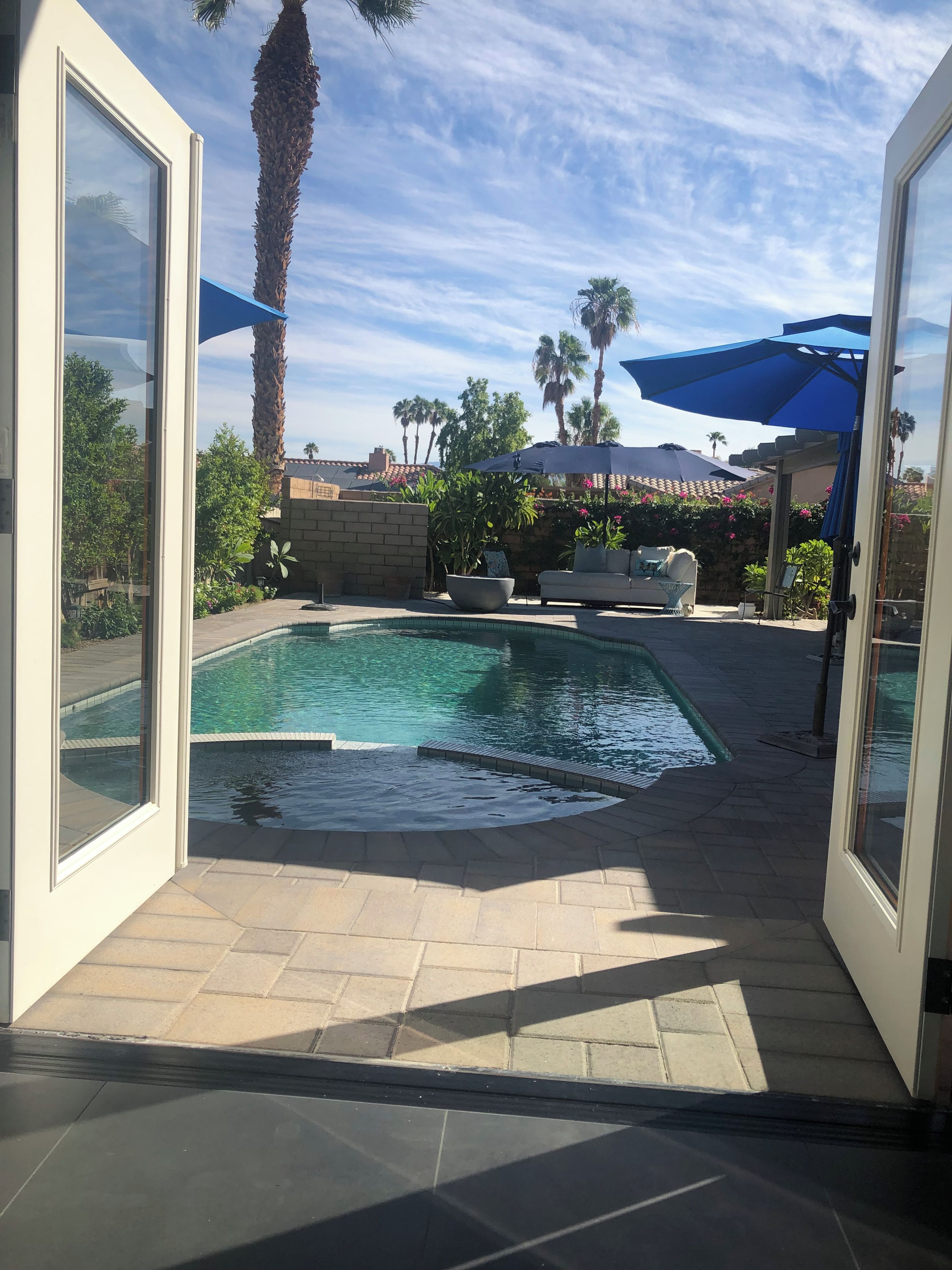 A pool area with a clear view of the sky, palm trees, and a stone wall.