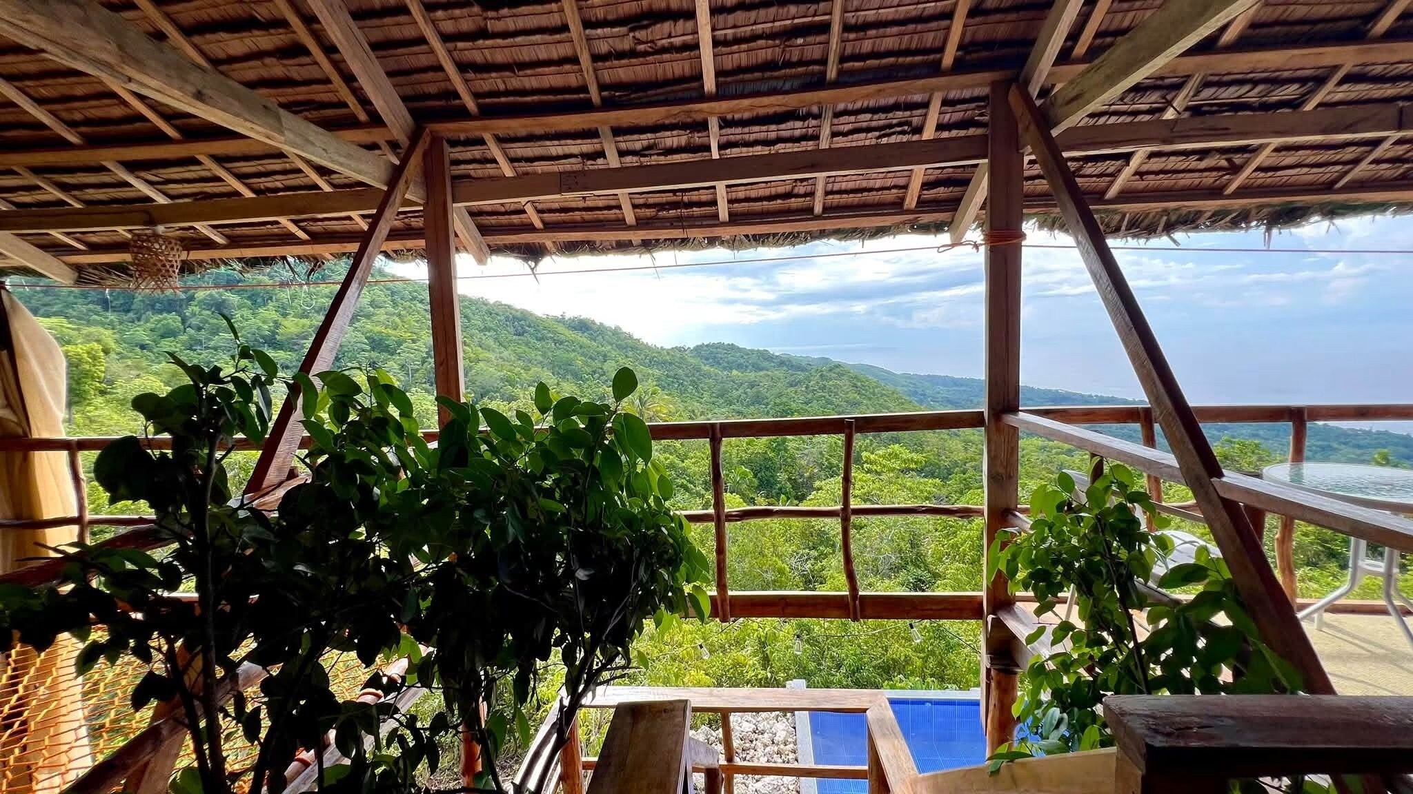 Une construction en bois, surmontée d’un toit de chaume, qui offre une vue imprenable sur un paysage luxuriant.