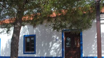 Un edificio con fachada blanca y detalles azules, una puerta de madera y una ventana.