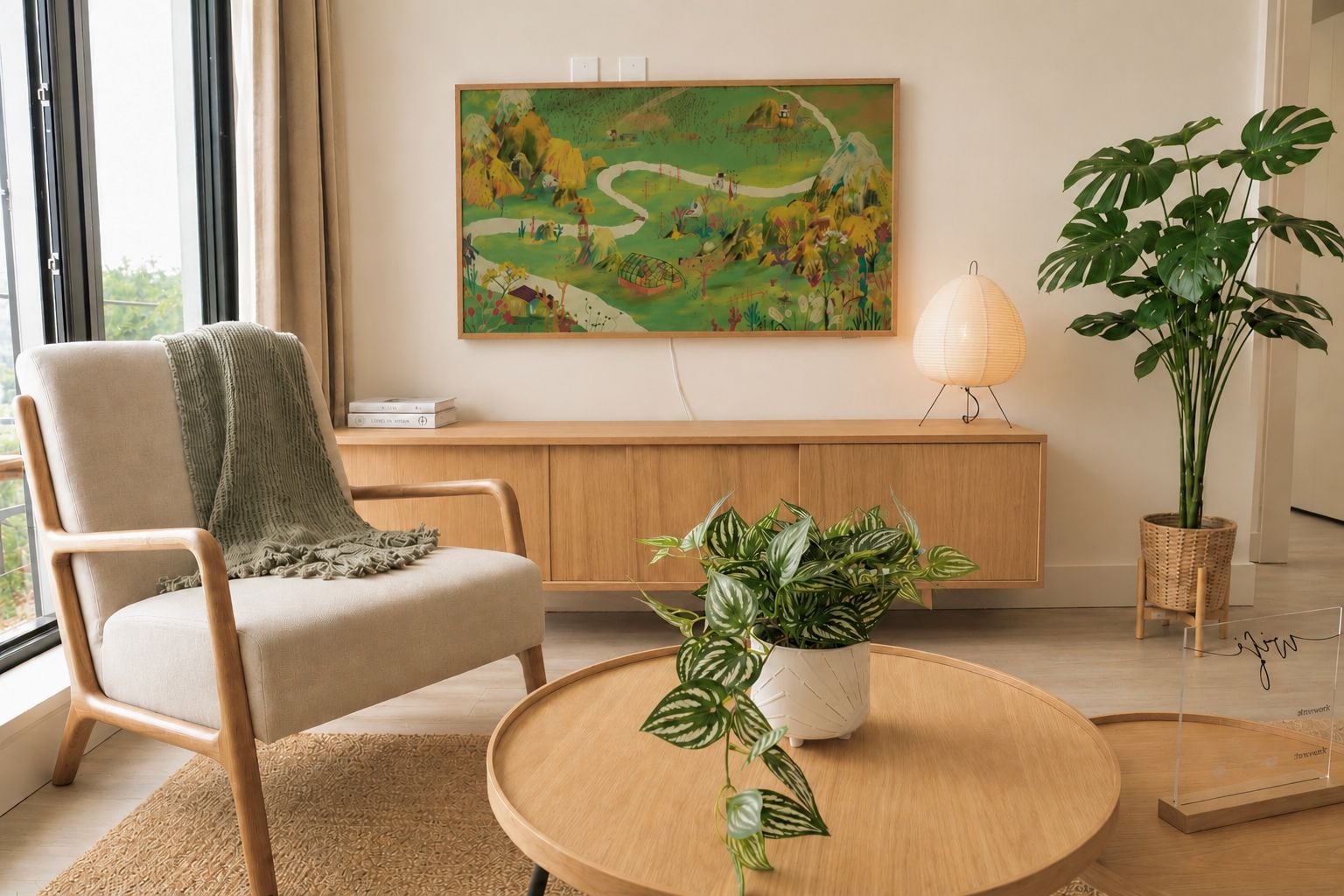 Un salon moderne avec un canapé beige, une table basse ronde en bois, une plante en pot, un tableau au mur et une lampe.