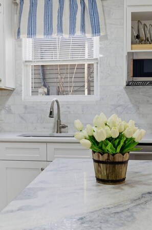 A kitchen with a white marble countertop, a stainless steel sink, and a window with a striped awning. - Sleeps 12 - Dog-Friendly Nashville Cottage (Nashville)