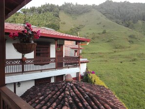 Un edifici amb teules vermelles, un balcó amb barana de fusta i una maceta penjant amb flors.