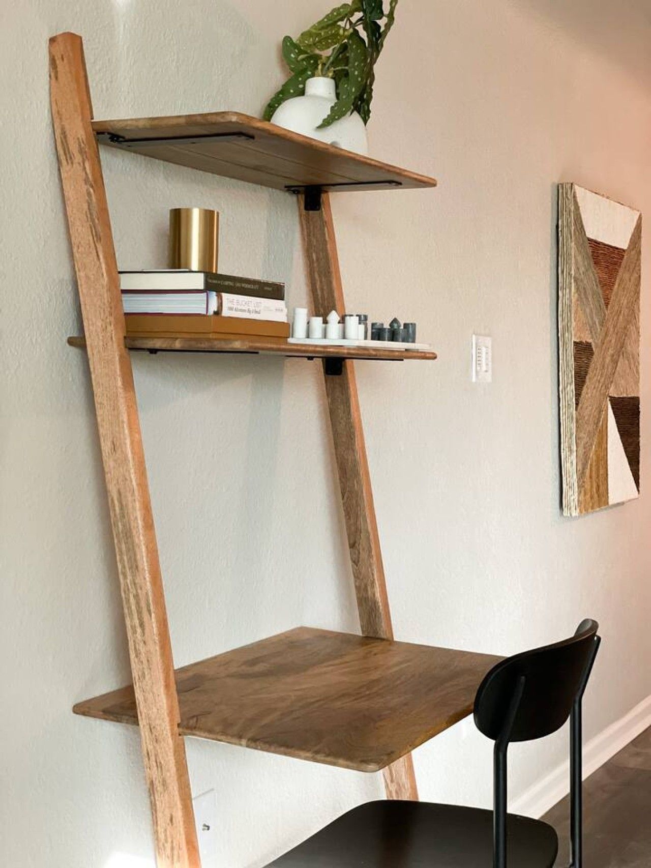 Une étagère en bois fixée au mur, sur laquelle sont posés des livres, des objets décoratifs et une plante en pot.